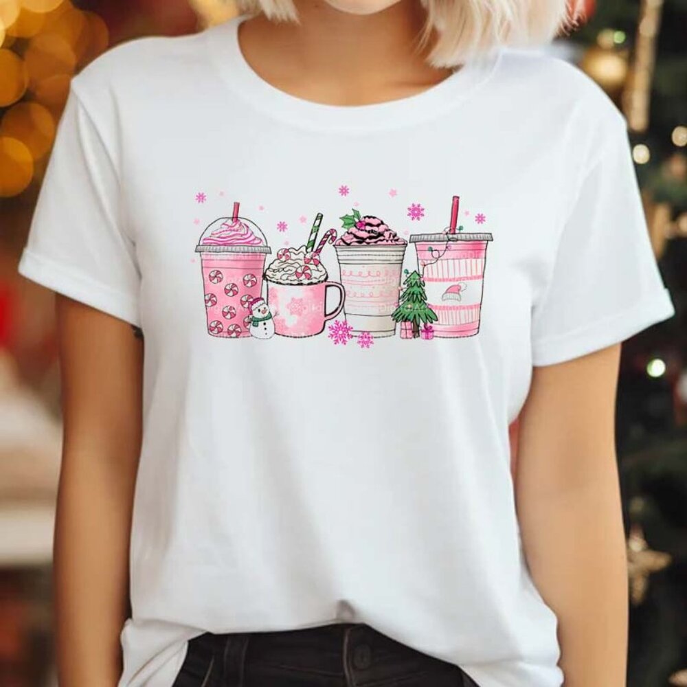 Pink Christmas Coffee Cups Shirt, Pink Coffee Cups Lover Christmas Coffee Tee